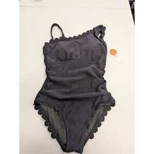 Charmo One Piece Swimsuit Gray Ribbed Scallop Trim UPF 50+ Size S NWT